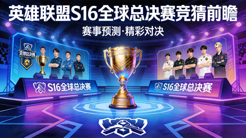 英雄联盟S16全球总决赛赛场舞台全景，中央大屏显示对阵信息与召唤师奖杯